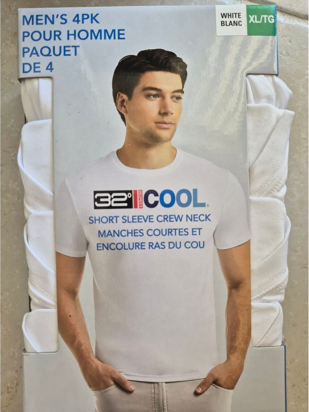 32 Degrees Cool Men's 4-Pack White Short Sleeve Crew Neck T-Shirts XL 0167